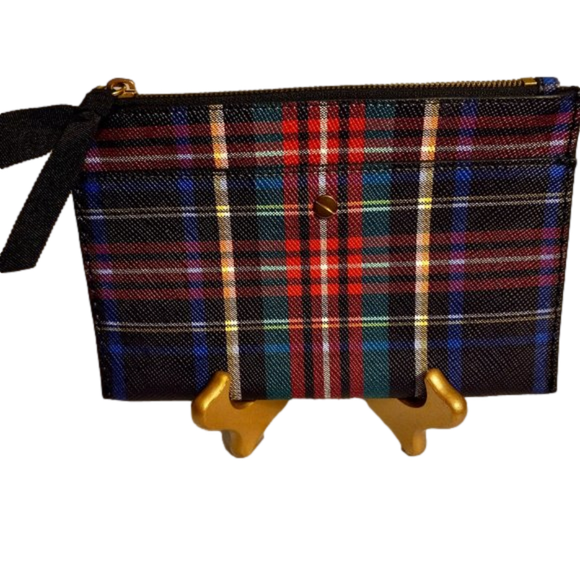 J. Crew Handbags - J. Crew   Wallet  Stewart Plaid  Staffiano Leather zip top Ribbon pull